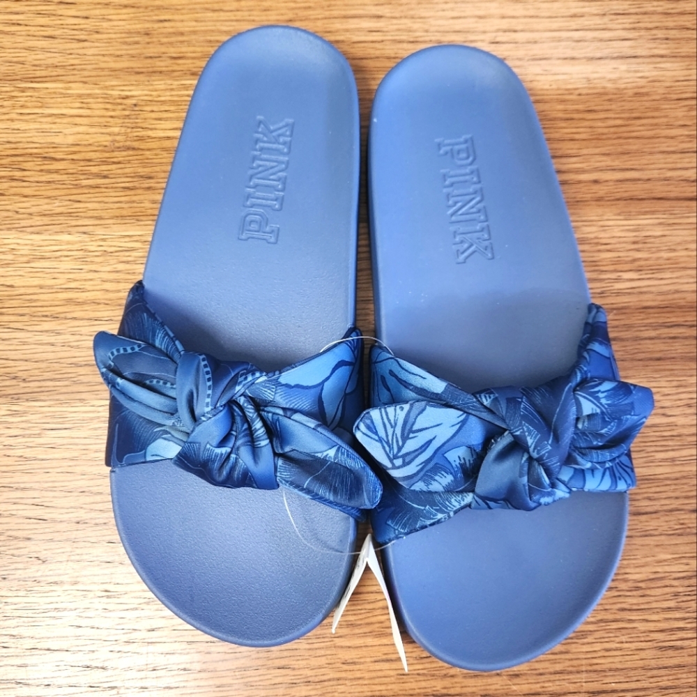 NWT PINK Victoria's Secret Blue Satin Bow, Tropical Print Slides